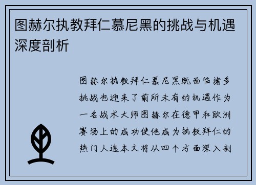 图赫尔执教拜仁慕尼黑的挑战与机遇深度剖析